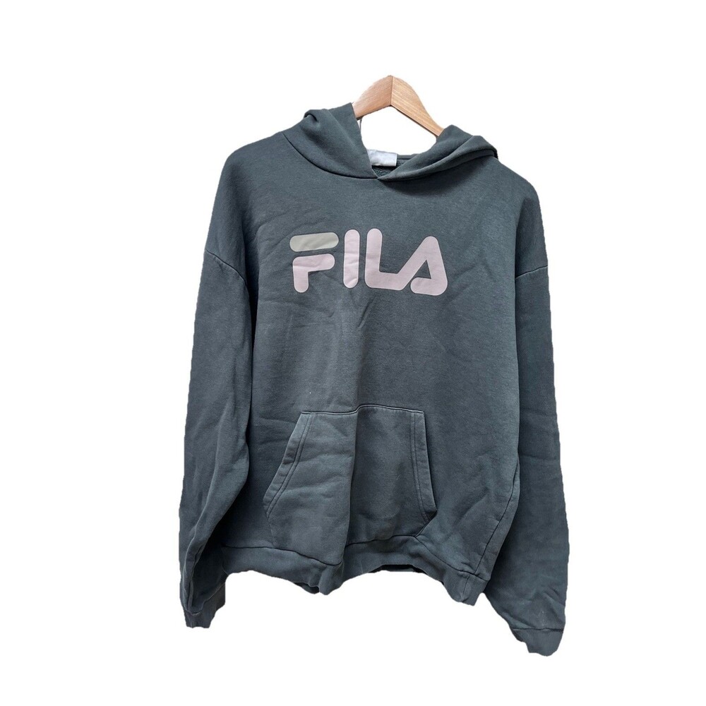 Fila Hoodie Mens L Gray Pullover Sweatshirt Long Sleeve Graphic Hooded Cotton